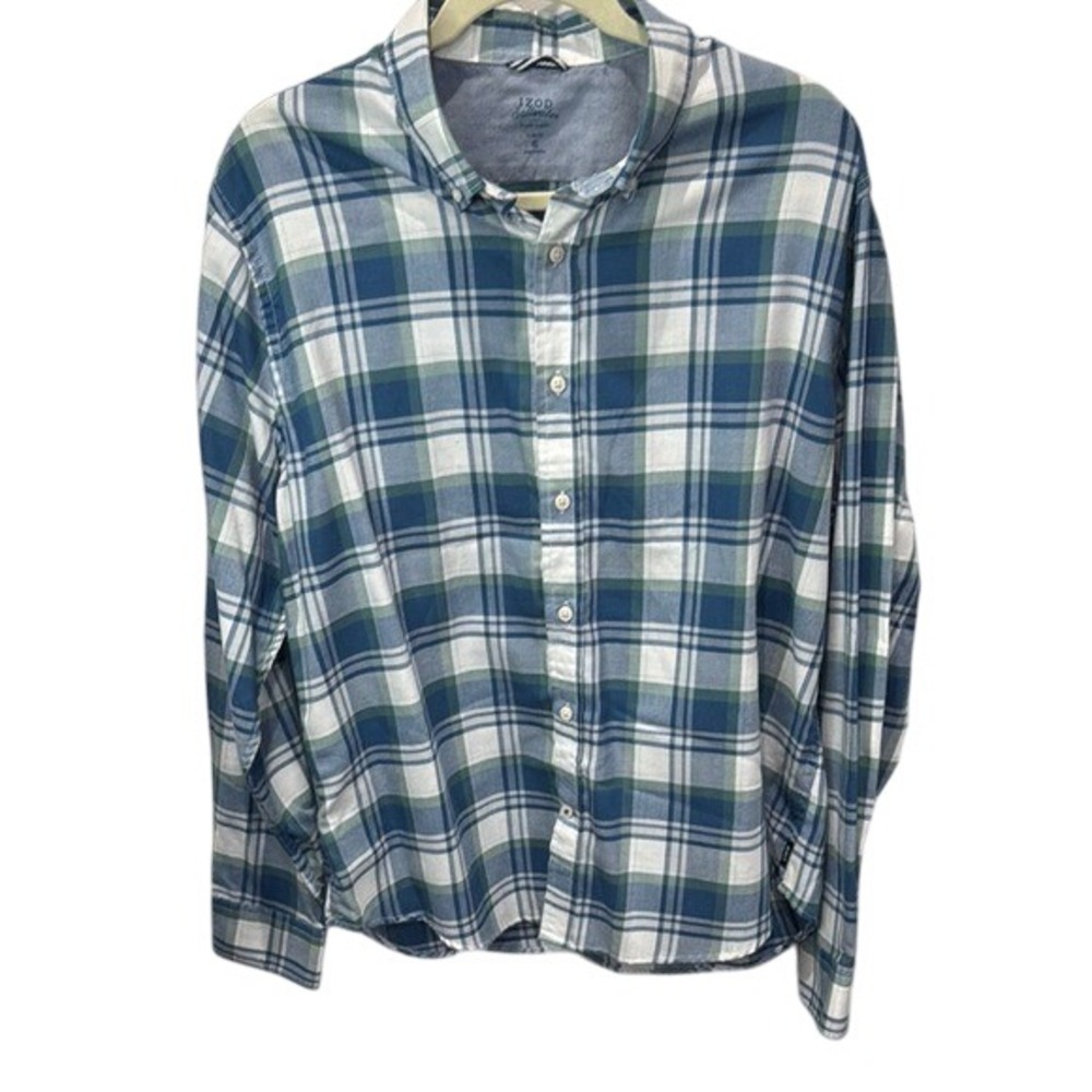 IZOD Plaid Button Down Shirt Long Sleeve Classic Fit Blue Green White XL